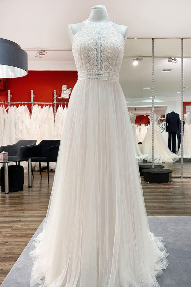 Modest Long A-line Halter Backless Wedding Dress With Tulle Lace