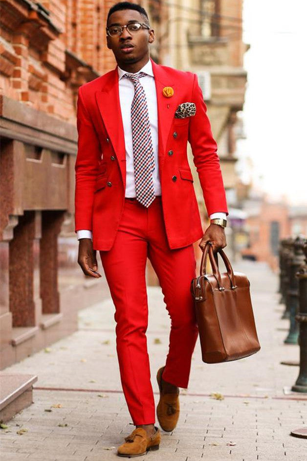 Fashion Peaked Lapel Red Double Breasted Groom Blazer
