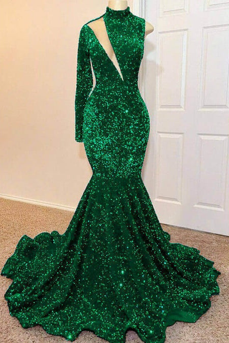 Green Mermaid High Neck Long Sleeved Prom Dress with Sequins