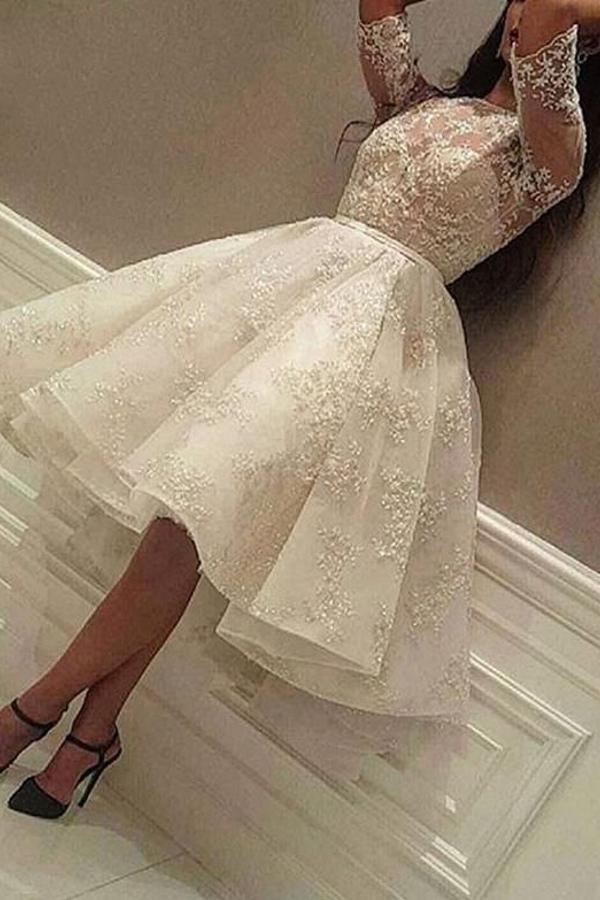 Elegant A-Line Jewel Short Wedding Dress with Tulle Lace and Sleeves