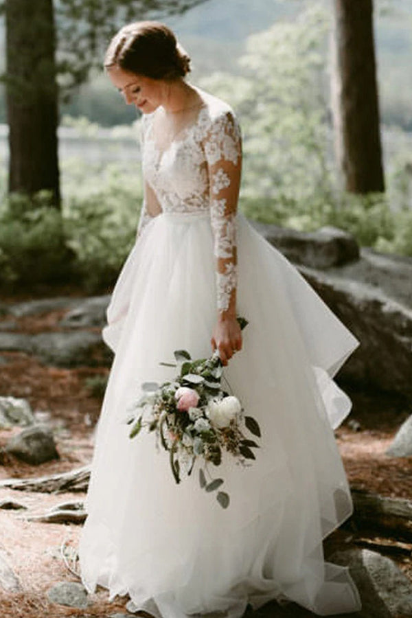 A-Line Lace Long Sleeve Sheer Floor Length Wedding Dress with Tulle