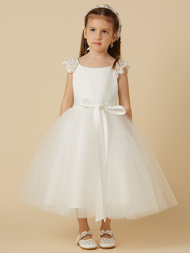 Elegant Flower Girl Dress - Short Sleeve Scoop Neck Lace Satin Tulle With Sash Ribbon Bow