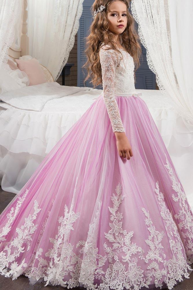 Lace Buttoned Scoop Neck Long Sleeve Ball Gown Flower Girl Dress