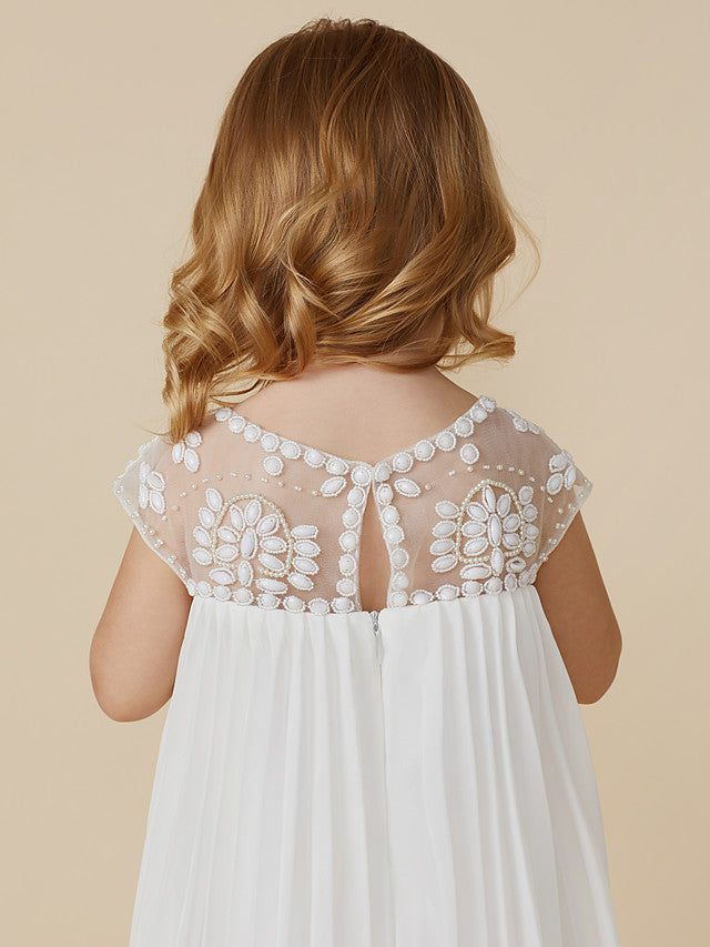 Short Sleeve Jewel Neck Flower Girl Dresses with Chiffon Beading and Draping