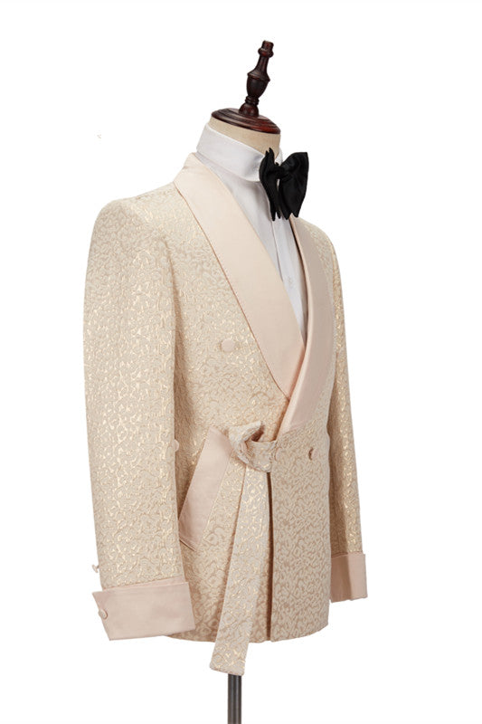 Chic Jacquard Shawl Lapel Slim Wedding Tuxedo in Champagne