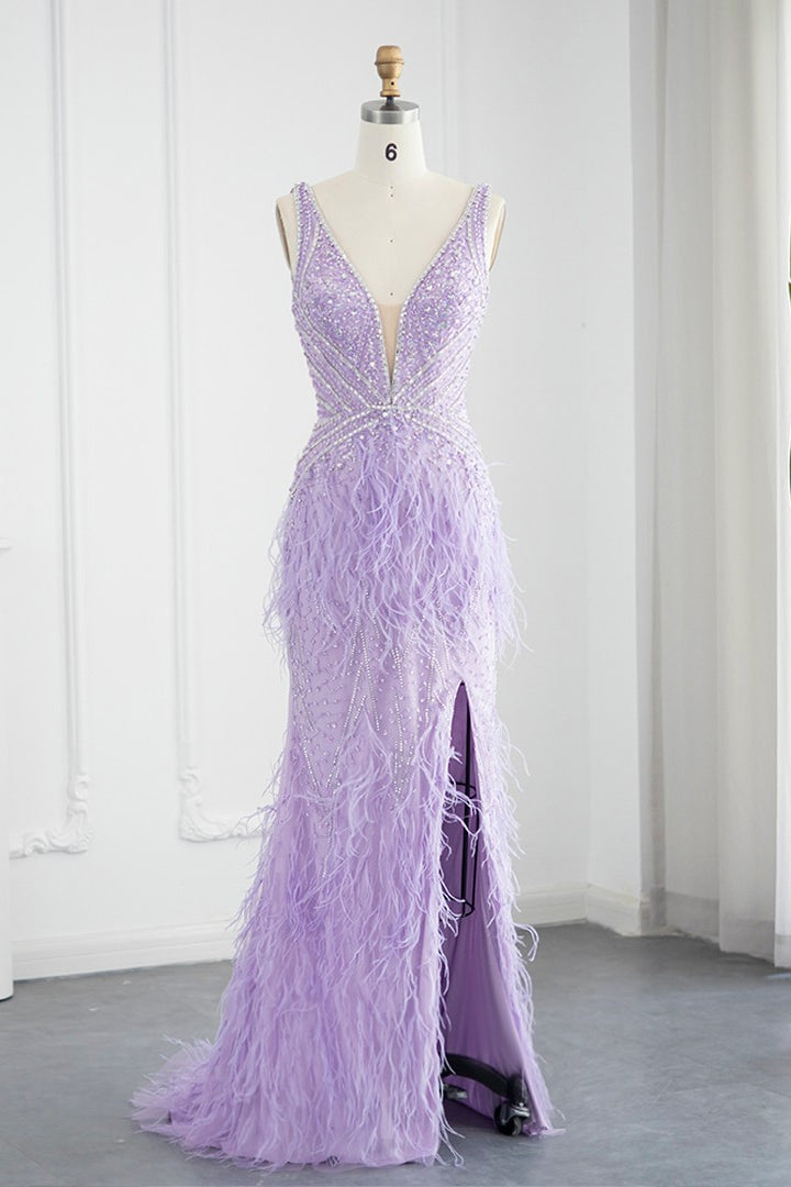 Sexy V-Neck Mermaid Evening Dress Sheath with Feathers Open Back