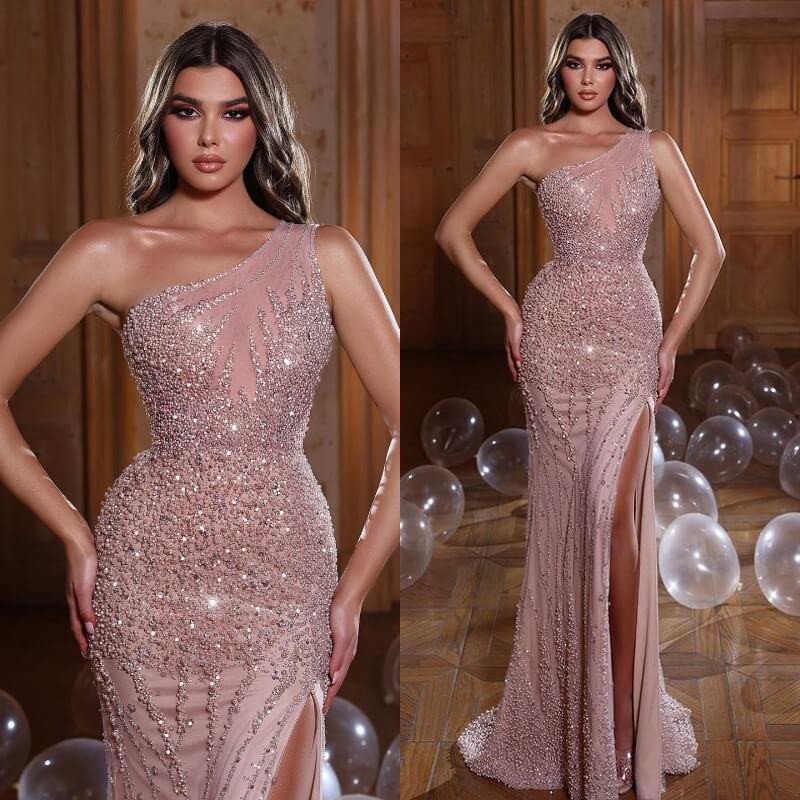 Mermaid Evening Dress with Pink Pearl Sequins and Beads Split One Shoulder