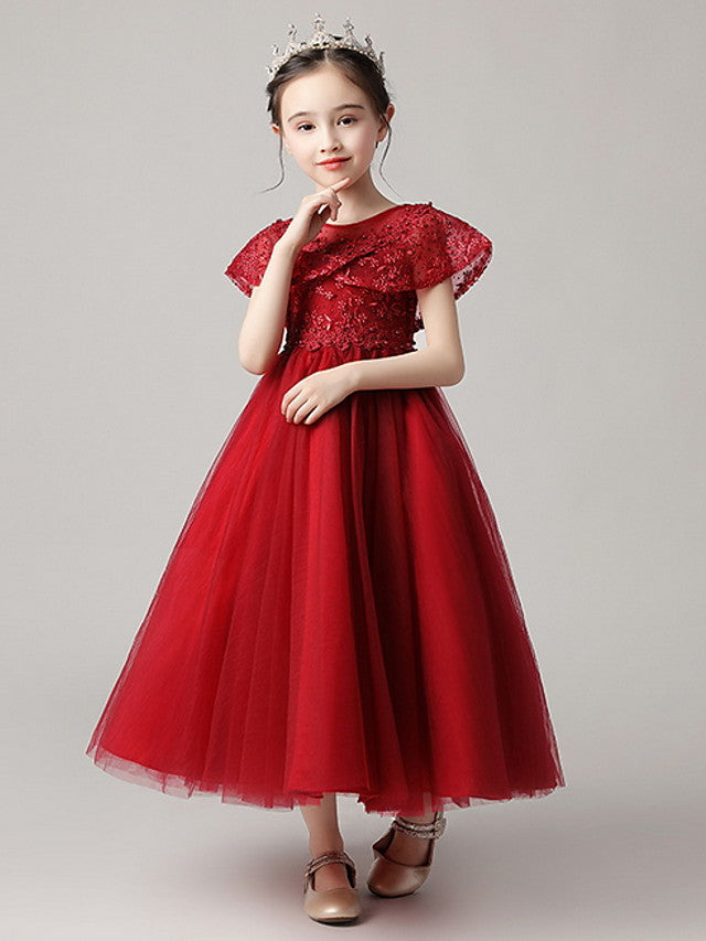 Short Sleeve Jewel Neck Flower Girl Dress With Lace