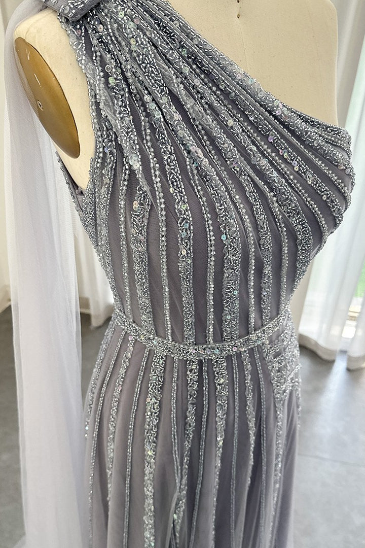 Stunning Gray One Shoulder A Line Prom Dress with Appliques and Ruffles