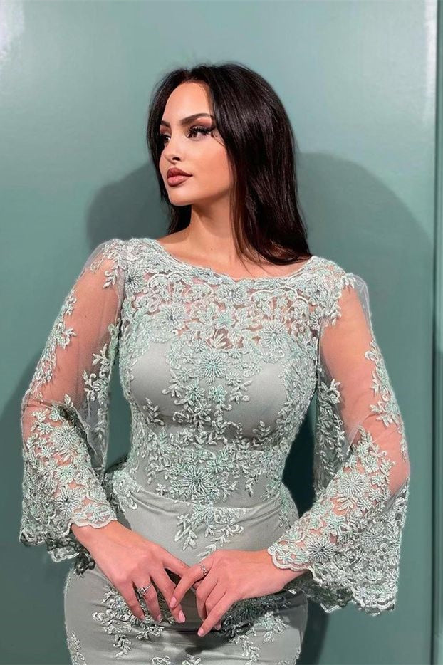 Glamorous Long Sleeve Mermaid Evening Dress with Lace Appliques Bateau