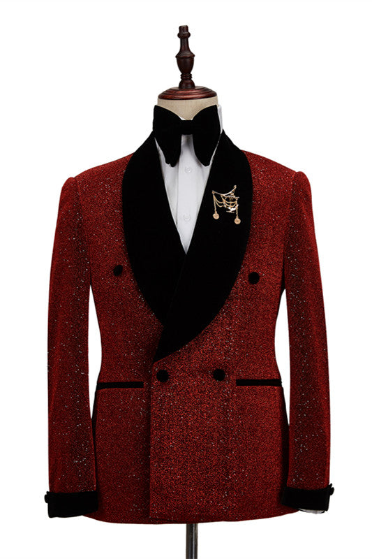 Fabulous Red Double Breasted Wedding Suit for Men's Party with Black Shawl Lapel