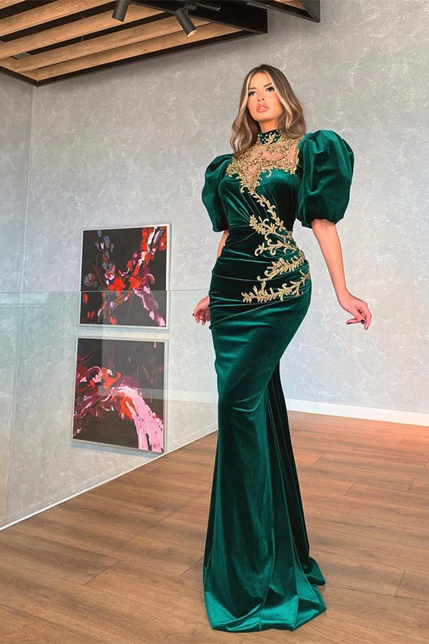 Mermaid Dark Green Bubble Sleeves Prom Dress