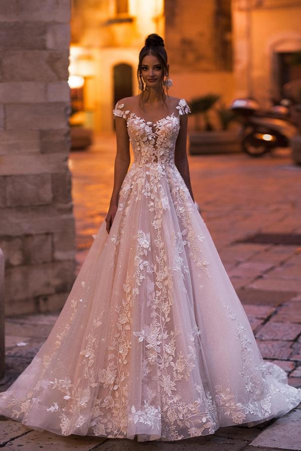 Elegant A-Line Bateau Backless Floor-length Sequins Wedding Dress with Appliques Lace