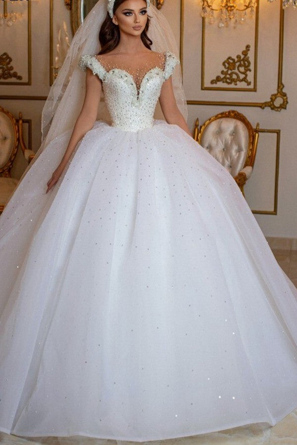 Glamorous Off-the-Shoulder Beaded Princess Wedding Dress with Pearl Tulle