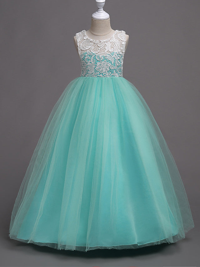 Elegant Lace Satin Tulle Long Length Sleeveless Jewel Neck Flower Girl Dress