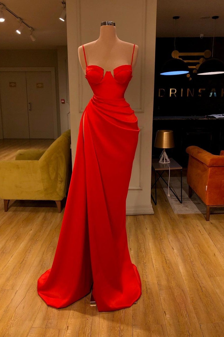 Mermaid Red Prom Dress with Spaghetti-Straps and Split