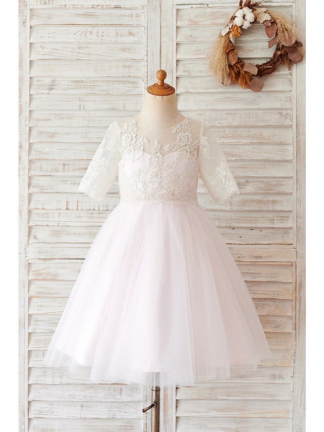 Lace Tulle Half Sleeve Ball Gown Wedding Birthday Flower Girl Dresses With Buttons