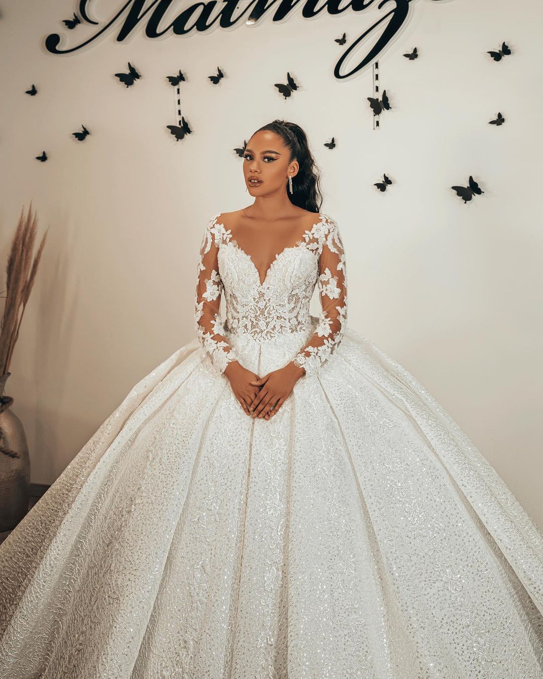 Gorgeous Ball Gown Sweetheart Wedding Dress with Long Sleeves, Ruffles, Appliques, Lace & Sequins