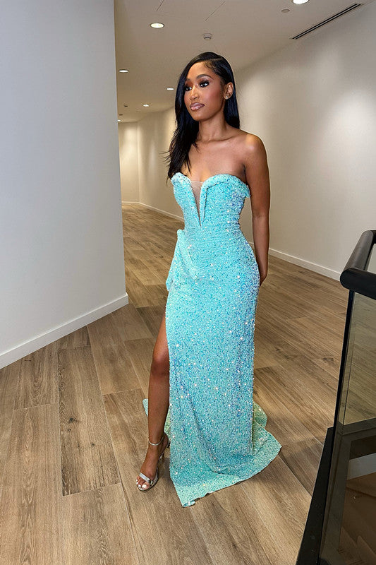 Blue Sequins Sweetheart Mermaid Prom Dress with Split Trumpet