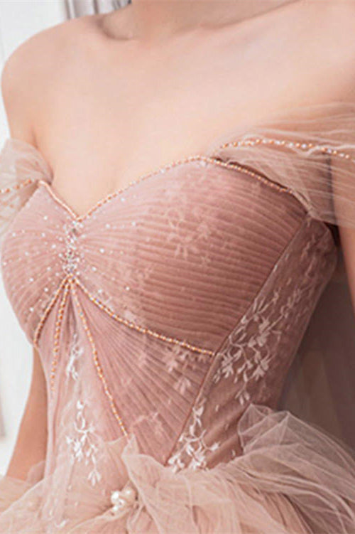 Pink Off-The-Shoulder Long Prom Dress Sweetheart With Pearls