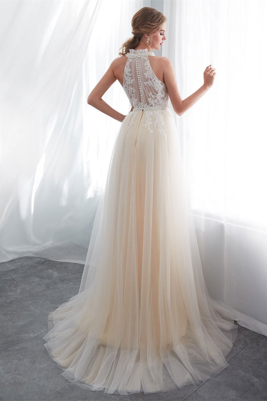 Elegant Tulle Wedding Dress with High Neck Appliques