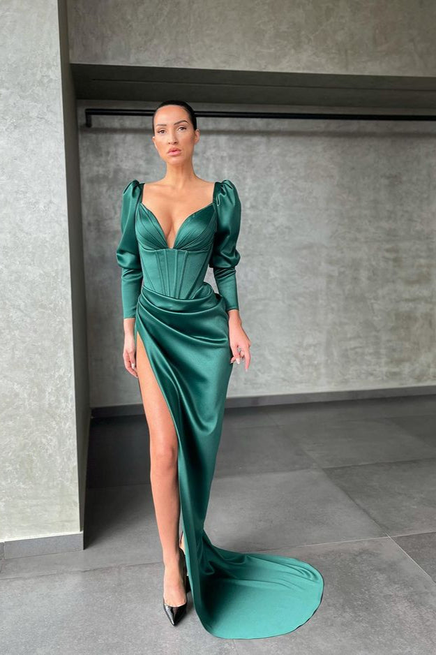 Mermaid Prom Dress with Slit and V-Neck Long Sleeves