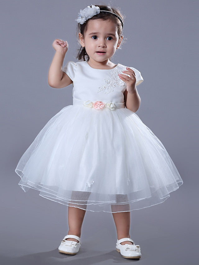 Short Sleeve Jewel Ball Gown Flower Girl Dress Satin Tulle With Beadings Embroidery