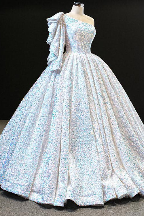 Elegant One Shoulder Long Sleeve Ball Gown Prom Dress with Sequins