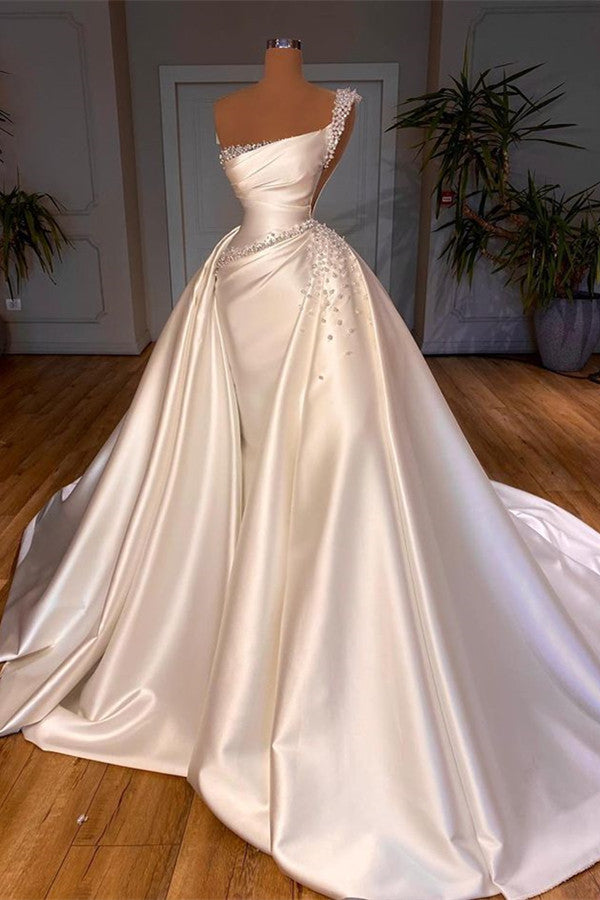 Gorgeous One Shoulder A-Line Wedding Dress with Pearl Accents