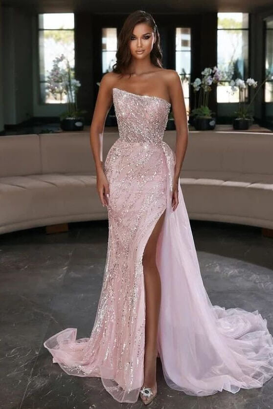 Strapless Light Pink Mermaid Sequins Prom Dress Split With Ruffles Online