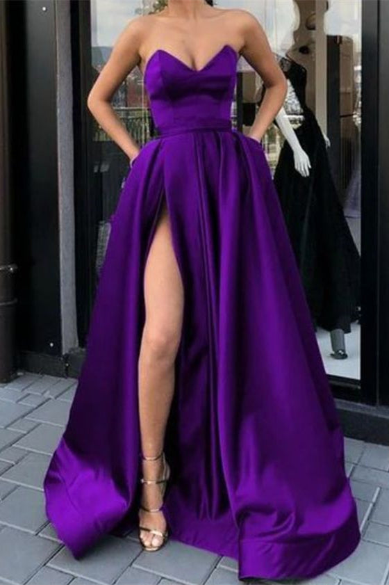 Purple Split Sweetheart Long Prom Dress with Pockets