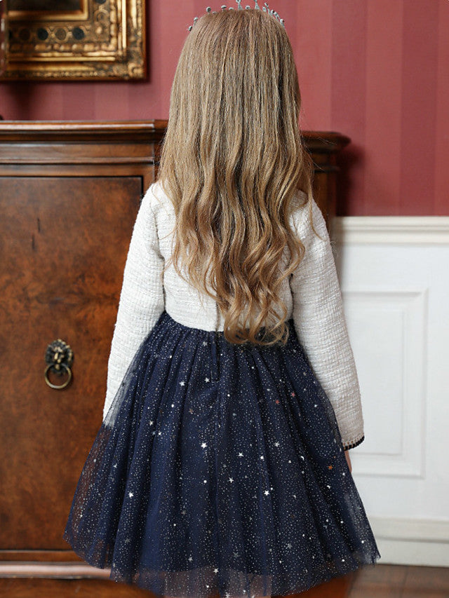 Beautiful Knee Length Flower Girl Dress with Long Sleeve and High Neck Tulle Splicing