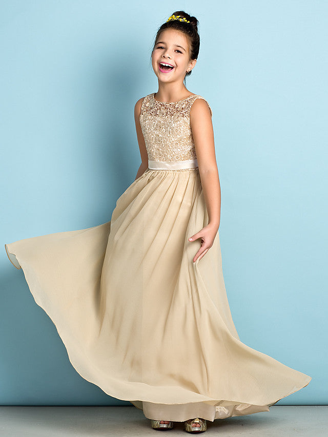 Elegant A-Line Floor Length Lace Junior Bridesmaid Dress