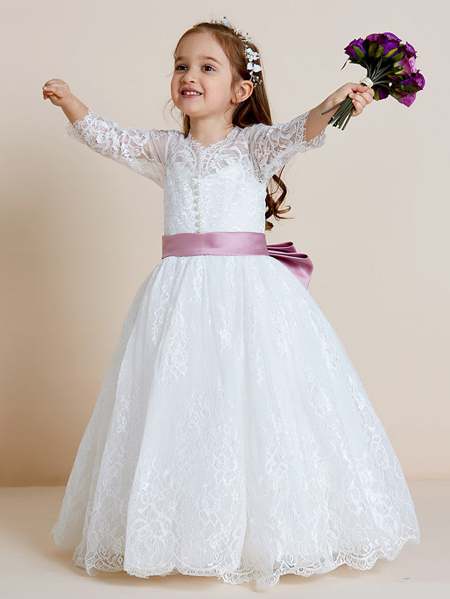 Long Sleeve V Neck Ball Gown with Lace Tulle Ribbon Bow and Lace Sash for Flower Girl Dress