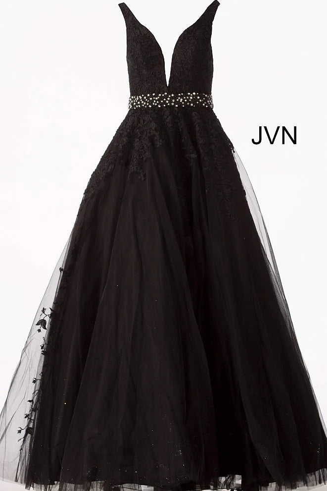 Elegant Black V-Neck Prom Dress with Applique Beadings