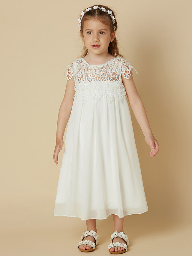 Column Short Sleeve Scoop Neck Lace Flower Girl Dresses