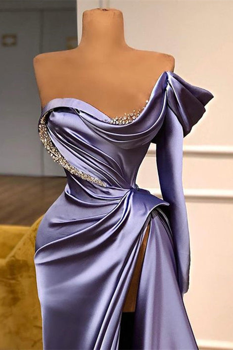 One-Shoulder Purple Long Sleeves Evening Dress with Beadings & Split Mermaid Design