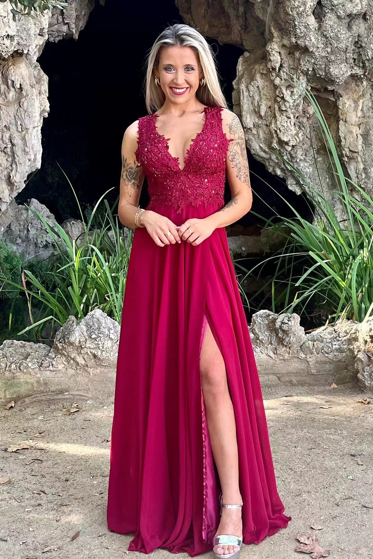 Beautiful Red V Neck Long Prom Dress with Applique and Slit