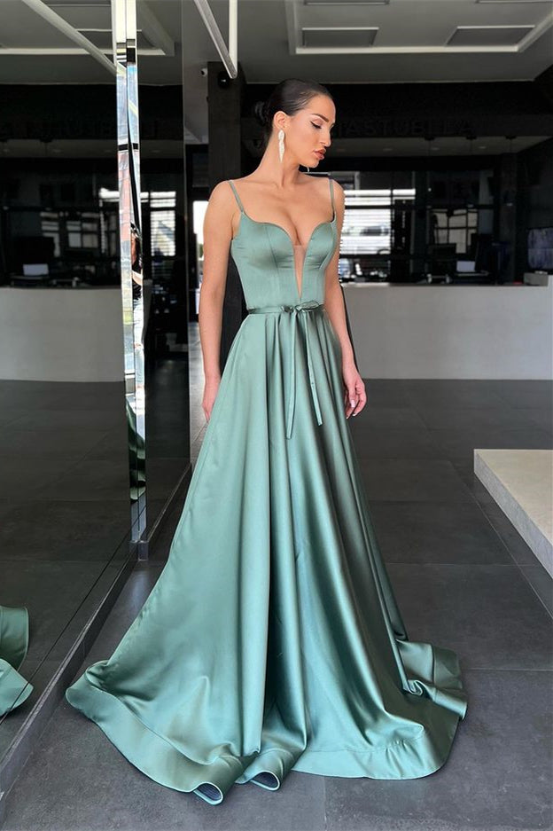 Sage A Line Prom Dress with Spaghetti-Straps and Belt