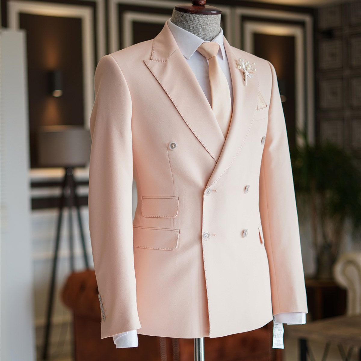 Look Gorgeous in a Pink Double Breasted Reception Suit with Peaked Lapel