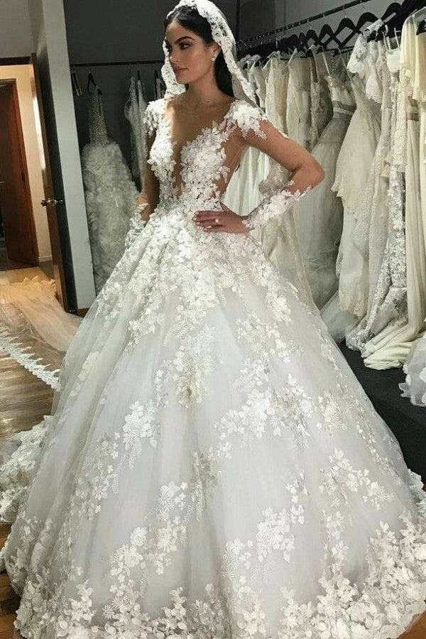 Gorgeous Bateau Lace Wedding Dress with Long Sleeves and Backless Design