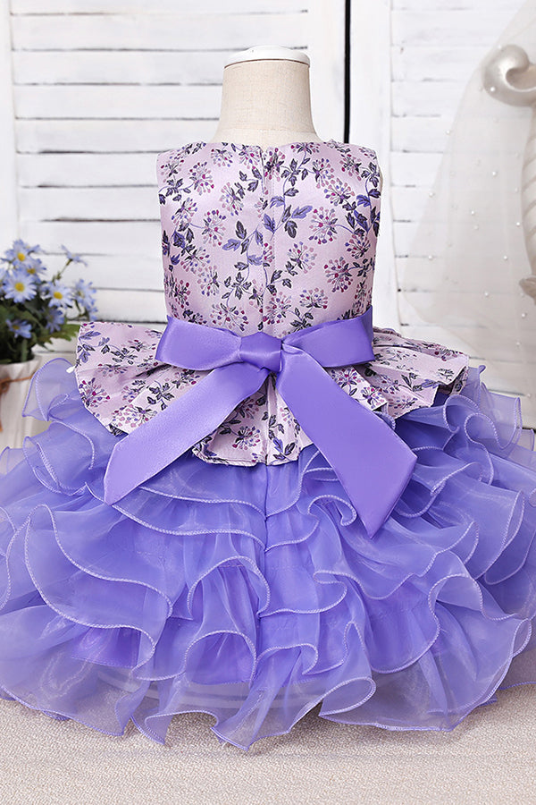 Purple Jewel Sleeveless Floor Length Flower Girl Dress with Ruffles Print