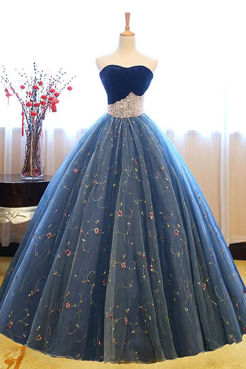 Royal Blue Sweetheart Ball Gown Evening Dress with Pearl Appliques and Sleeveless Design