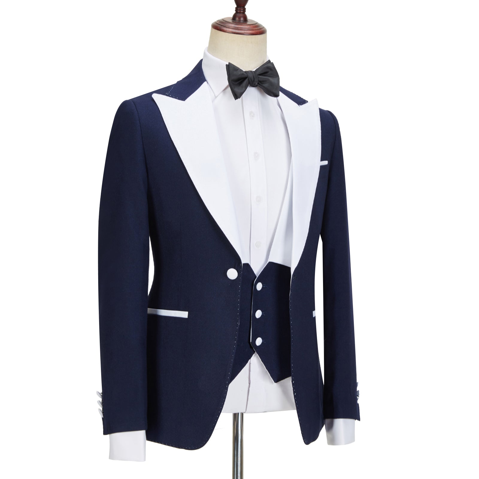 Navy Blue Peaked Lapel Easy Fit Three Pieces Suit for Men by Tyler