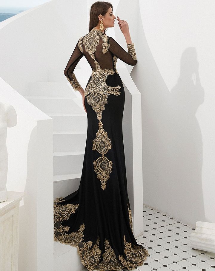 Stunning Long Sleeves Mermaid Prom Dress with Gold Appliques Cape