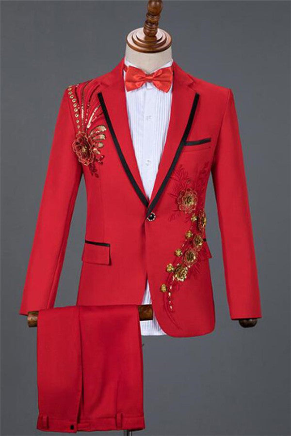Newest Red Sequin Embroidery Lace Floral Best Wedding Suit For Men