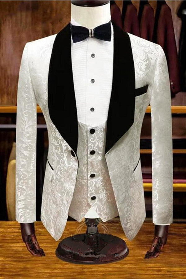 White Jacquard 3-Piece Wedding Tuxedos | Men Suits for Groom