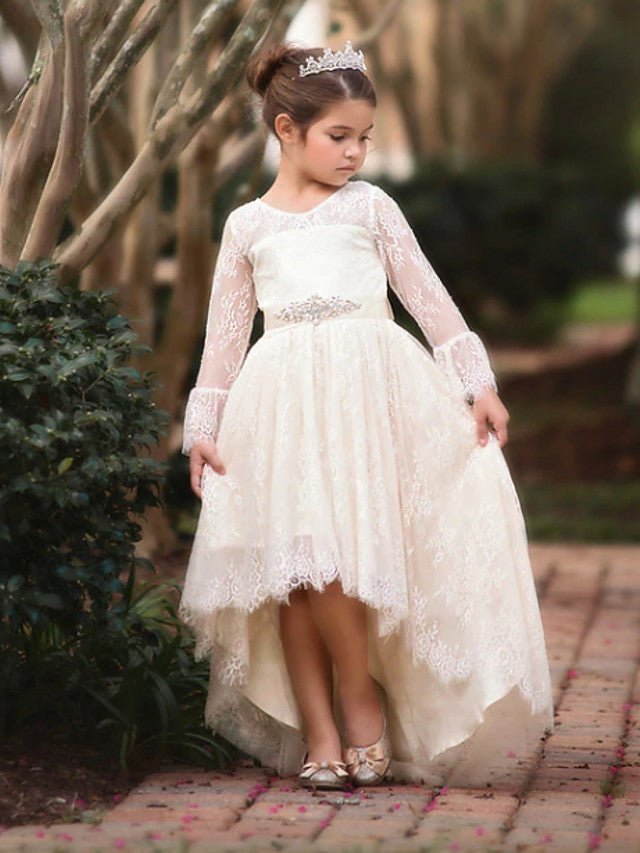 Long Sleeve V-Neck Ball Gown Flower Girl Dress with Lace Bow Appliques