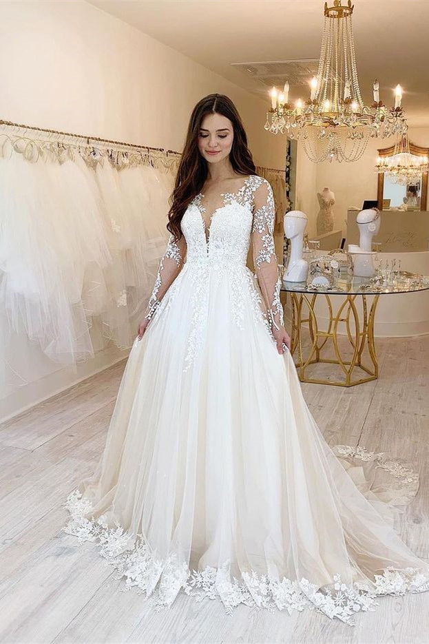 Long Sleeves Tulle Sweetheart Lace Wedding Dress