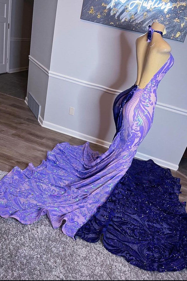 Mermaid Prom Dress with Halter Neck and Beaded Sequins Appliques - Purple